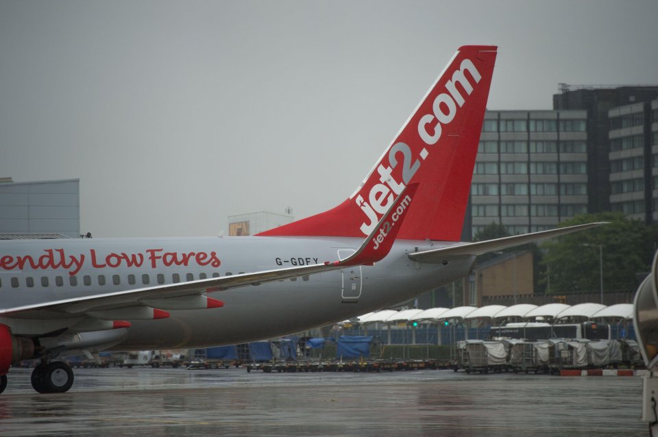 Jet2 Airlines aircraft on the tarmac at Glasgow airport.