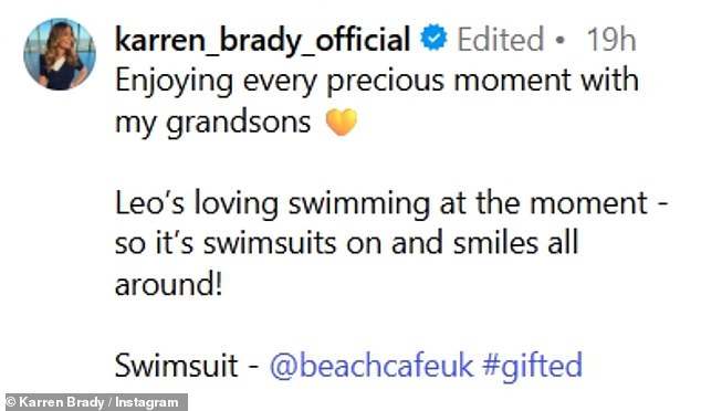 She wrote: 'Enjoying every precious moment with my grandsons. Leo¿s loving swimming at the moment - so it¿s swimsuits on and smiles all around!'