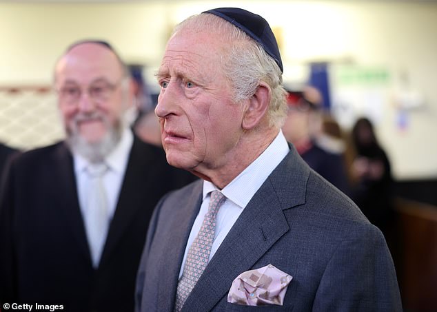 King Charles III during a visit to Heaton Park Hebrew Congregation Synagogue this afternoon