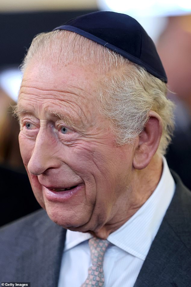 King Charles III during a visit to Heaton Park Hebrew Congregation Synagogue this afternoon