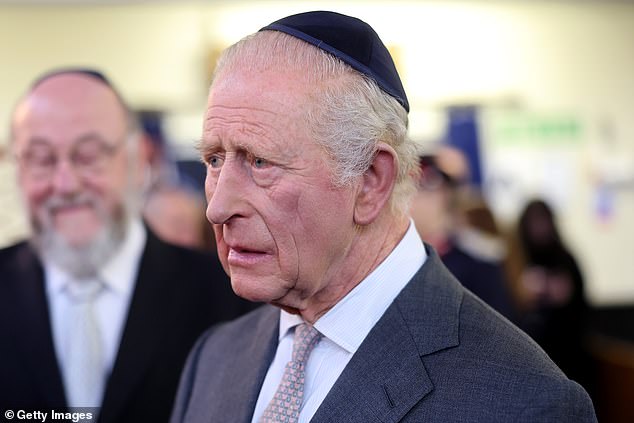 King Charles III during a visit to Heaton Park Hebrew Congregation Synagogue this afternoon