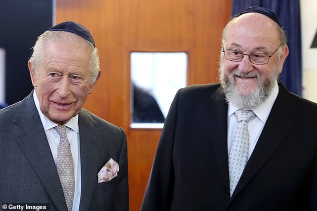 King Charles III and Chief Rabbi Sir Ephraim Mirvis at the synagogue in Manchester today