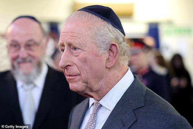 King Charles III during a visit to Heaton Park Hebrew Congregation Synagogue this afternoon