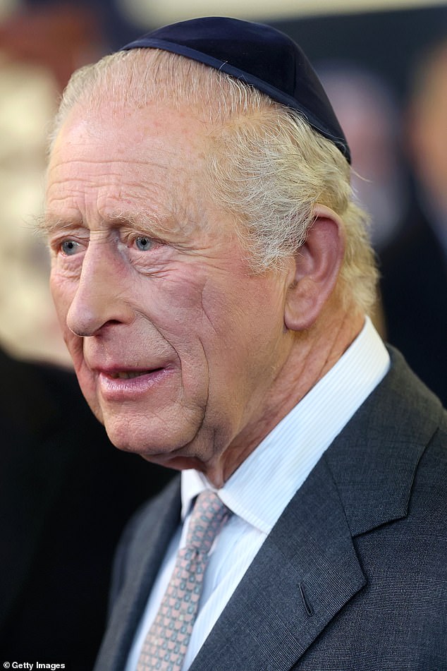 King Charles III during a visit to Heaton Park Hebrew Congregation Synagogue this afternoon