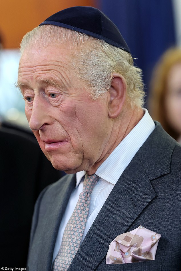 King Charles III during a visit to Heaton Park Hebrew Congregation Synagogue this afternoon