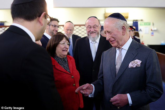 The King meets people on a trip to Heaton Park Hebrew Congregation Synagogue today