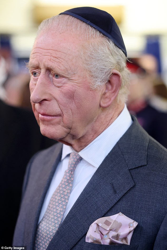 King Charles III during a visit to Heaton Park Hebrew Congregation Synagogue this afternoon