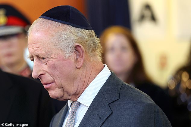 King Charles III during a visit to Heaton Park Hebrew Congregation Synagogue this afternoon