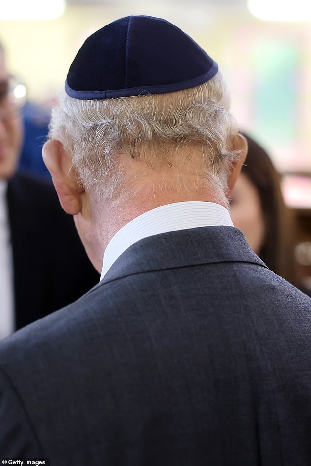 King Charles III during a visit to Heaton Park Hebrew Congregation Synagogue this afternoon
