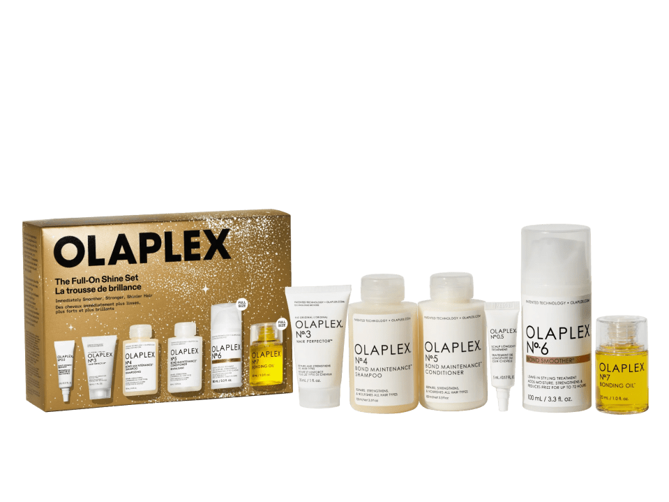 Olaplex "The Full-On Shine Set" with 7 hair care products, including shampoo, conditioner, and bonding oil.