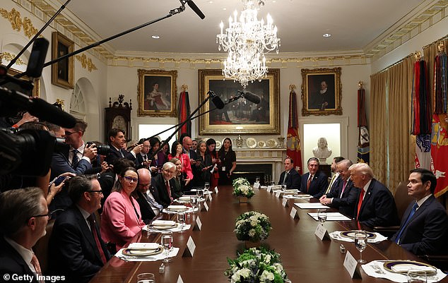 U.S. President Donald Trump and Prime Minister of Australia Anthony Albanese speak to reporters ahead of a bilateral meeting in the Cabinet Room of the White House.
