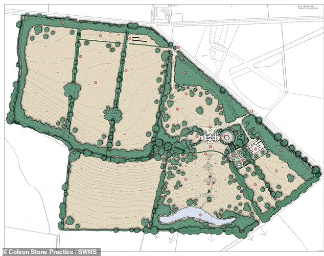 Plan of proposed Cotswolds country house and grounds. The site would see a lake constructed
