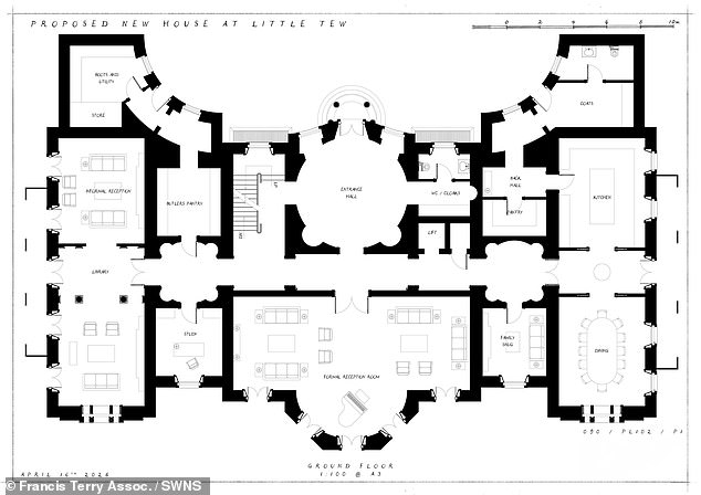 Ground floor plan submitted for Ronald Burkle's Cotswolds country house in Little Tew near Banbury