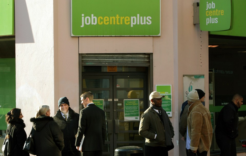 People waiting outside a Jobcentre Plus unemployment office.