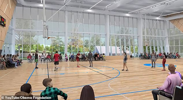 The main sites at the center include a museum building, the forum auditorium, a branch of the Chicago public library, a garden pavilion and the home court - an NBA-size basketball court (rendering pictured)