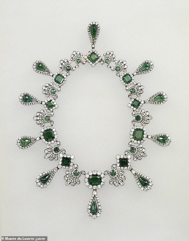 Thieves also got away with an emerald necklace, pictured, from the Marie-Louise set made by master jeweller François-Régnault Nitot in 1810