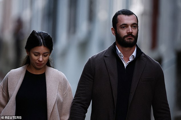 Son Louis Sarkozy and his wife Natali Husic leave the house of former French President Nicolas Sarkozy