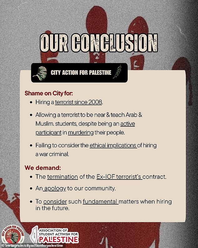 The group concludes 'shame' on City for: 'Allowing a terrorist to be near & teach Arab & Muslim students, despite being an active participant in murdering their people'