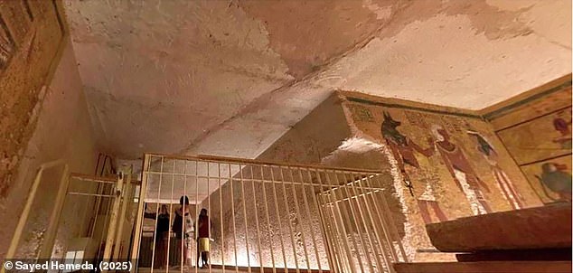 Tutankhamun's tomb is buried deep in the rock, making it vulnerable to flash flooding. The most recent flood in 1994 filled the tomb with water, opening cracks in the stone, and triggering fungal growth that has damaged the priceless murals (pictured)