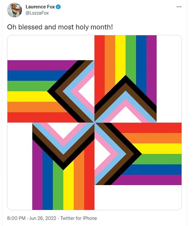 The tweet, originally by online provocateur Laurence Fox, showed four LGBT pride flags positioned to make a swastika, captioned with the words, 'Oh blessed and most holy month'