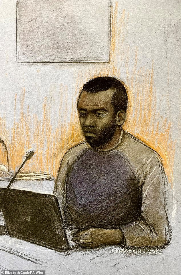 Court artist sketch of Deng Chol Majek giving evidence today at Wolverhampton Crown Court