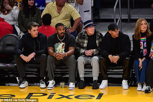 Geffen allegedly paid Michaels $10,000 for sex on the night they first met back in 2016, and over time, their paid sexual relationship developed into a romantic partnership, according to the lawsuit seen by the Daily Mail. Pictured: David Geffen, Patrick Whitesell, Donovan Michaels & Michael B. Jordan courtside during the game during Game Three of the Western Conference Semi-Finals of the 2023 NBA Playoffs