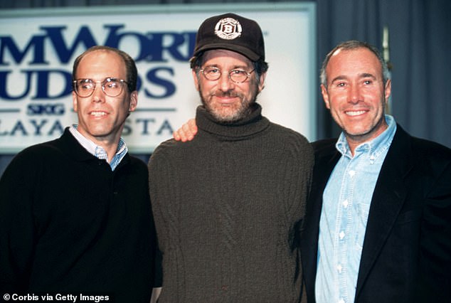 Geffen (R) co-founded Dreamworks in 1994 with Jeffrey Katzenberg (L) and Steven Spielberg (C); they are pictured in 1996