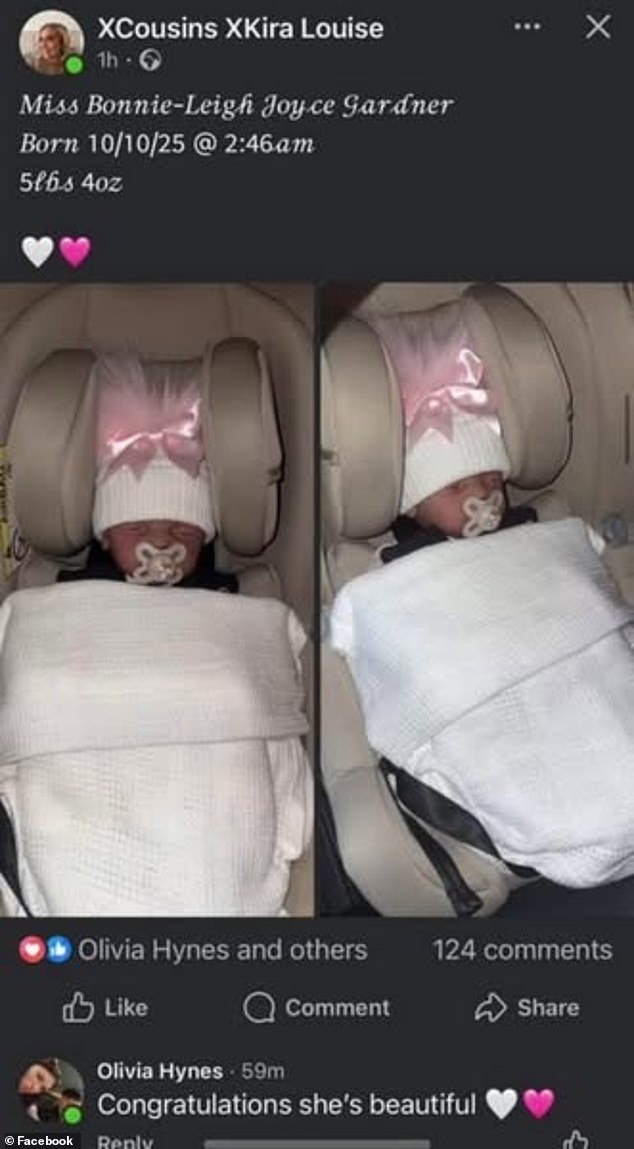 Ms Cousins shared images of her supposed daughter after her 'birth' on Facebook where she received messages of congratulations