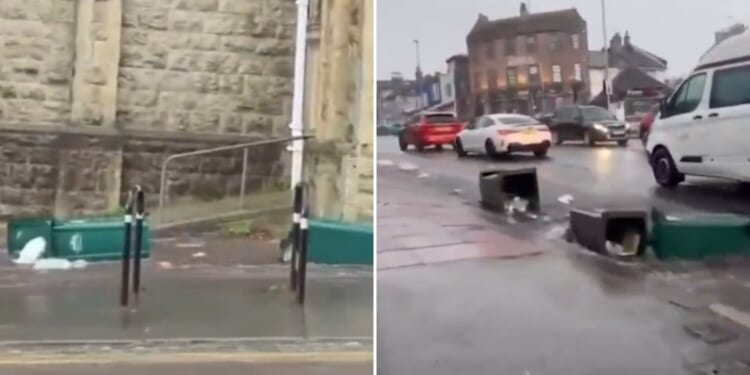 Watch moment flooding turns roads into rivers with bins flowing down street as Met Office issues yellow warning