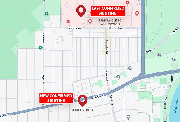 Ms Leahy's last known sighting when she disappeared on Thursday was on Monash Avenue, in Nedlands. Her husband has told the Daily Mail police have now obtained CCTV showing her travelling south onto Bruce Street