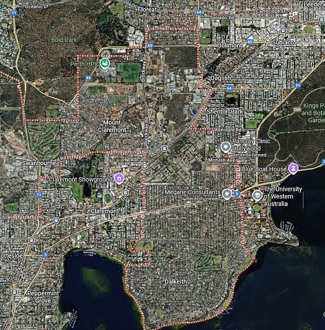 Her husband has asked anyone with dash cam who was in the Greater Nedlands area  (outlined in red) on Thursday afternoon to review their footage