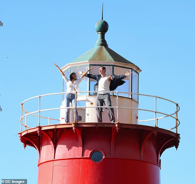 The British actor was spotted shooting scenes for One Night Only at The Little Red Lighthouse in Uptown Manhattan with his onscreen love interest Monica Barbaro