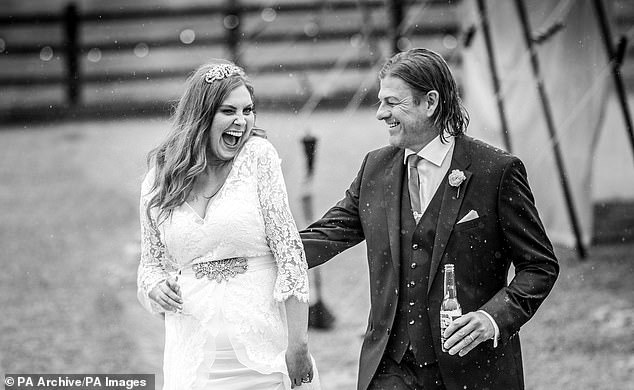 The actor exchanged vows with Moore in front of 40 close friends and family members at Axnoller Farm in Dorset in February 2018 (pictured)