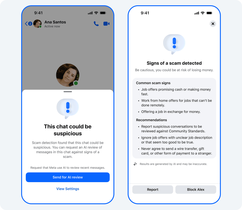 Illustration of a chat app showing a suspicious chat warning and common scam signs with recommendations.