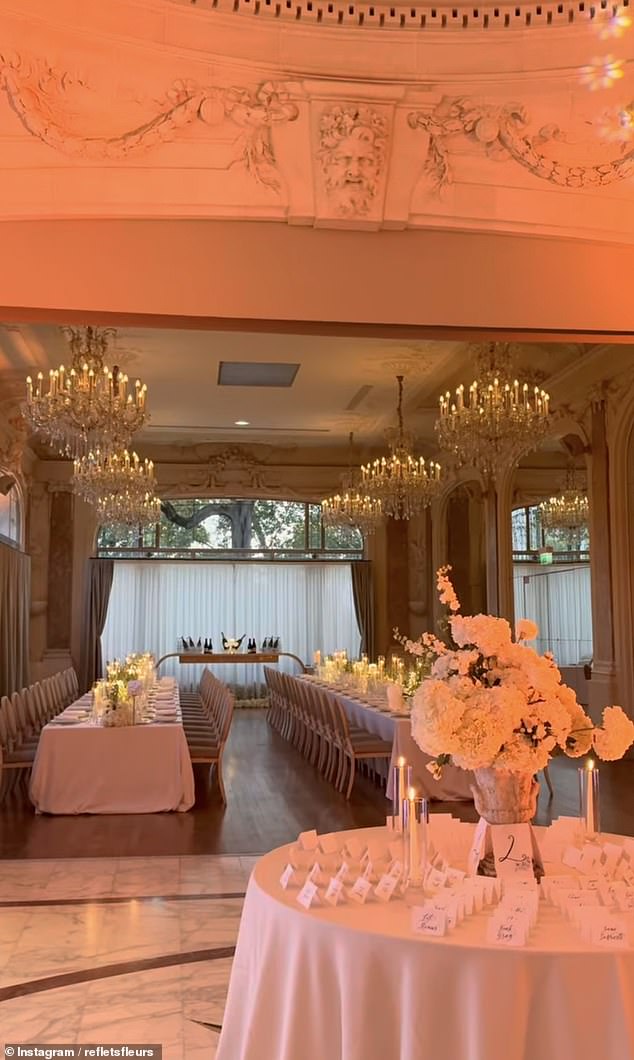 The happy couple travelled via limousine to their lavish reception at Pavillon Dauphine, which was full of opulent chandeliers