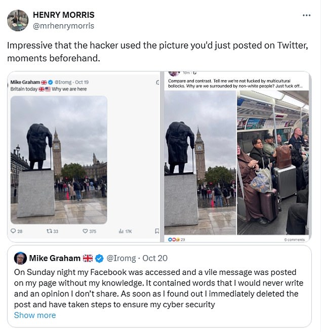 Graham issued an apology on Monday and blamed the racist post on a hacker but social media users were less convinced after pointing out the same picture was posted to his X account moments before the vile Facebook post