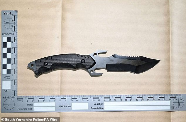 The knife used by Khan to kill Harvey, who he stabbed to death during a school lunch break