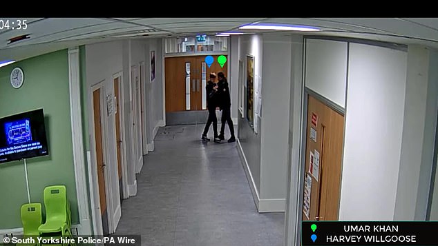 Khan (green tag) and Harvey (blue tag) in the corridor at school before the stabbing