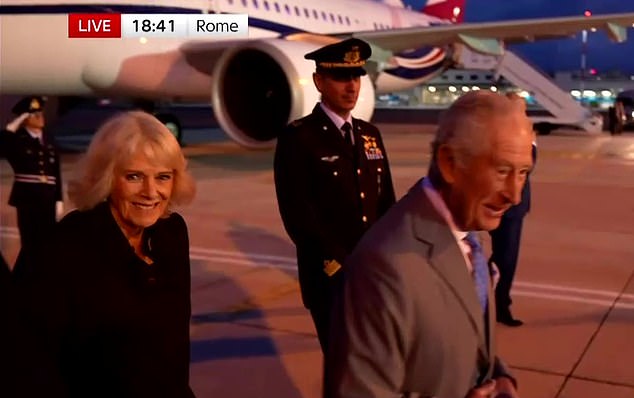 King Charles and Queen Camilla were beaming as they disembarked their plane in Rome tonight