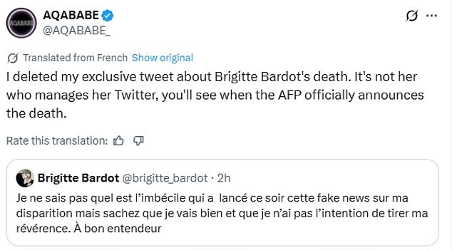 In posts on X and Instagram, Aqababe wrote: 'According to my exclusive information, Brigitte Bardot died today'