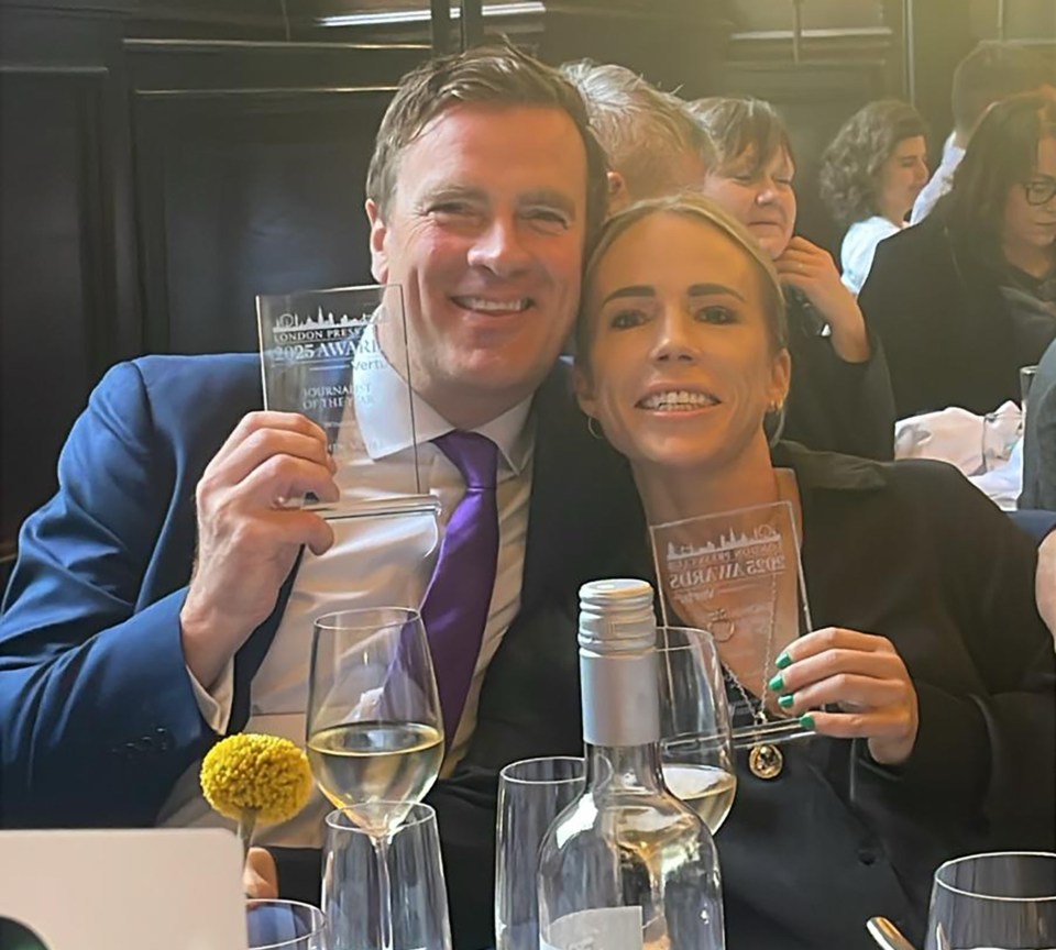 Stephen Moyes and Clemmie Moodie holding their Journalist of the Year and Showbiz Journalist of the Year awards at The London Press Club Awards.