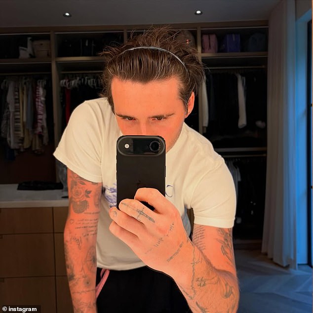 The post also included snaps of budding chef Brooklyn's latest dishes, his motorcycle and the couple's beloved dogs as he celebrated his life in the US with his wife