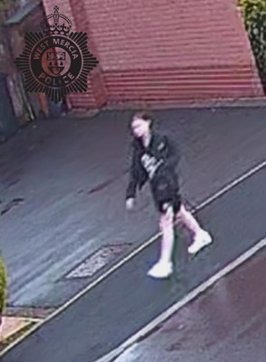 Collage of a security camera photo of a person walking on a sidewalk and a selfie photo of a young woman.