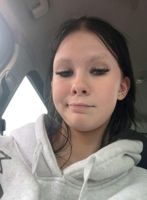 Collage of a security camera photo of a person walking on a sidewalk and a selfie photo of a young woman.