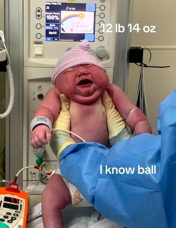 A newborn baby wearing a pink and white striped hat, crying while being held by a person in blue scrubs. The baby is reddish and appears quite large. In the background, a medical monitor displays "12 lb 14 oz" which is also text overlayed on the image. Below the baby, the text "I know ball" is overlaid on the blue scrubs.