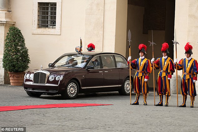 King Charles and Queen Camilla arrive at San Damaso Courtyard at Vatican City today