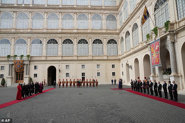 King Charles and Queen Camilla listen national anthems at San Damaso Courtyard today