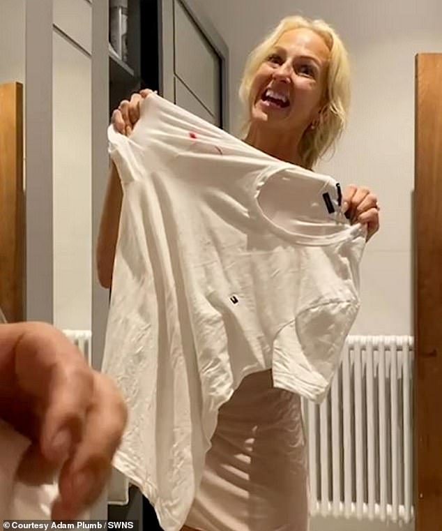 She cuts her nose with her own nail and blows the blood into Mr Plumb's t-shirt while making a false accusation he had attacked her