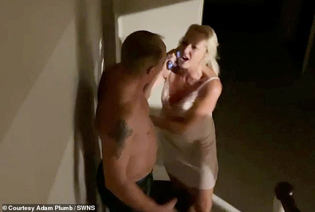 Her husband, meanwhile, can be heard saying: 'Get off me - you are a disgusting woman'