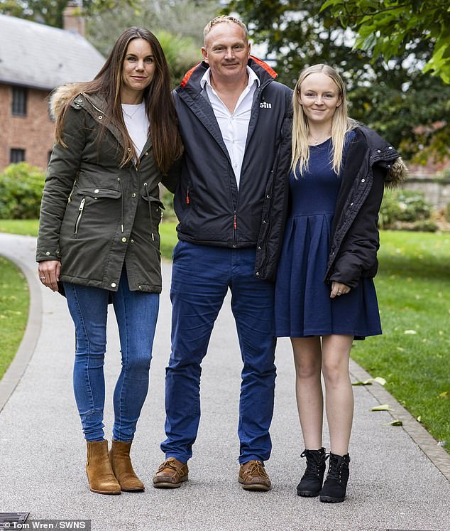 Mr Plumb with partner Sarah Pearce and daughter Elle. He has managed to move on, finding a happy relationship with his new partner